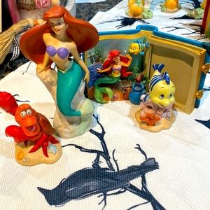 Set of 4 Vintage Disney Ariel, Sebastian, Flounder Ceramic Figures & Ariel Frame